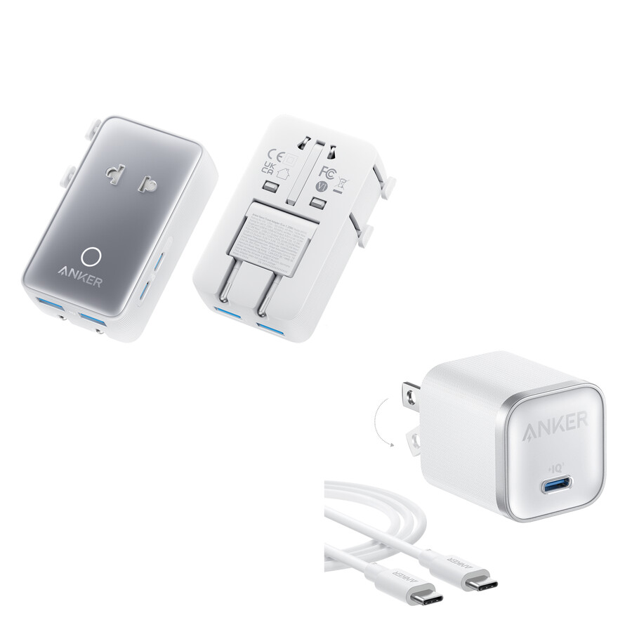 cestovní adaptér anker nano 5 v 1 20 w balení po 1 ks a nabíječka anker nano 45 w s kabelem usb-c na usb-c