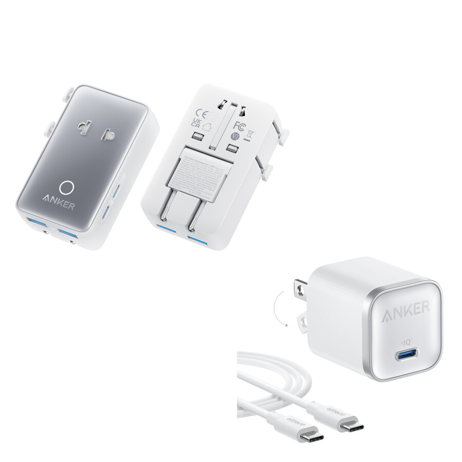 cestovní adaptér anker nano 5 v 1 20 w balení po 1 ks a nabíječka anker nano 45 w s kabelem usb-c na usb-c