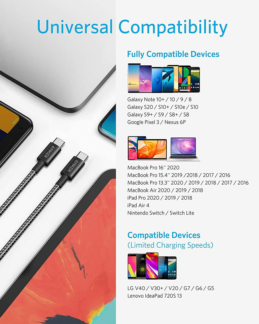 nový nylonový kabel usb-c na usb-c 100w 3 m