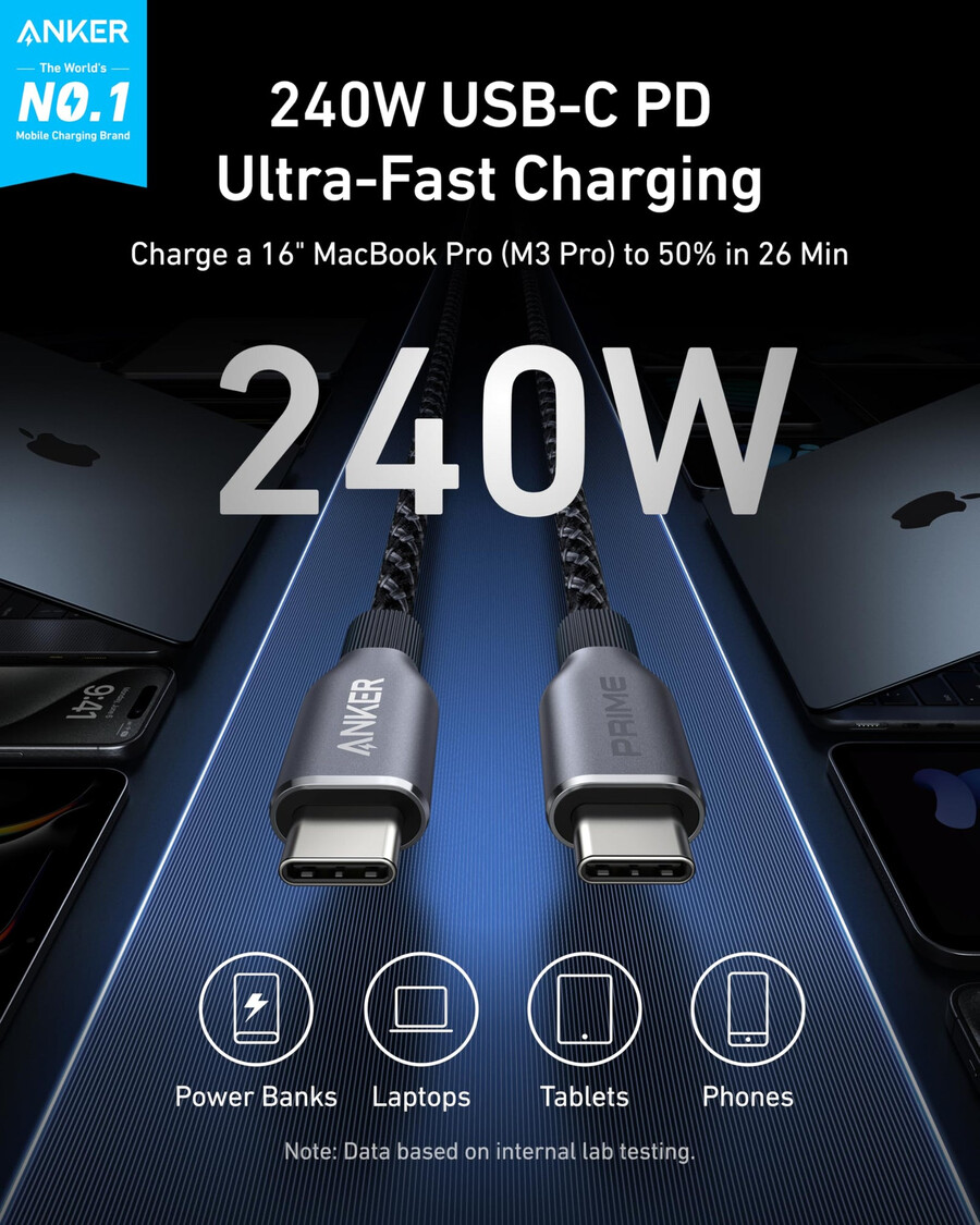 kabel anker prime usb-c na usb-c 240 w s upcyklovaným opletením