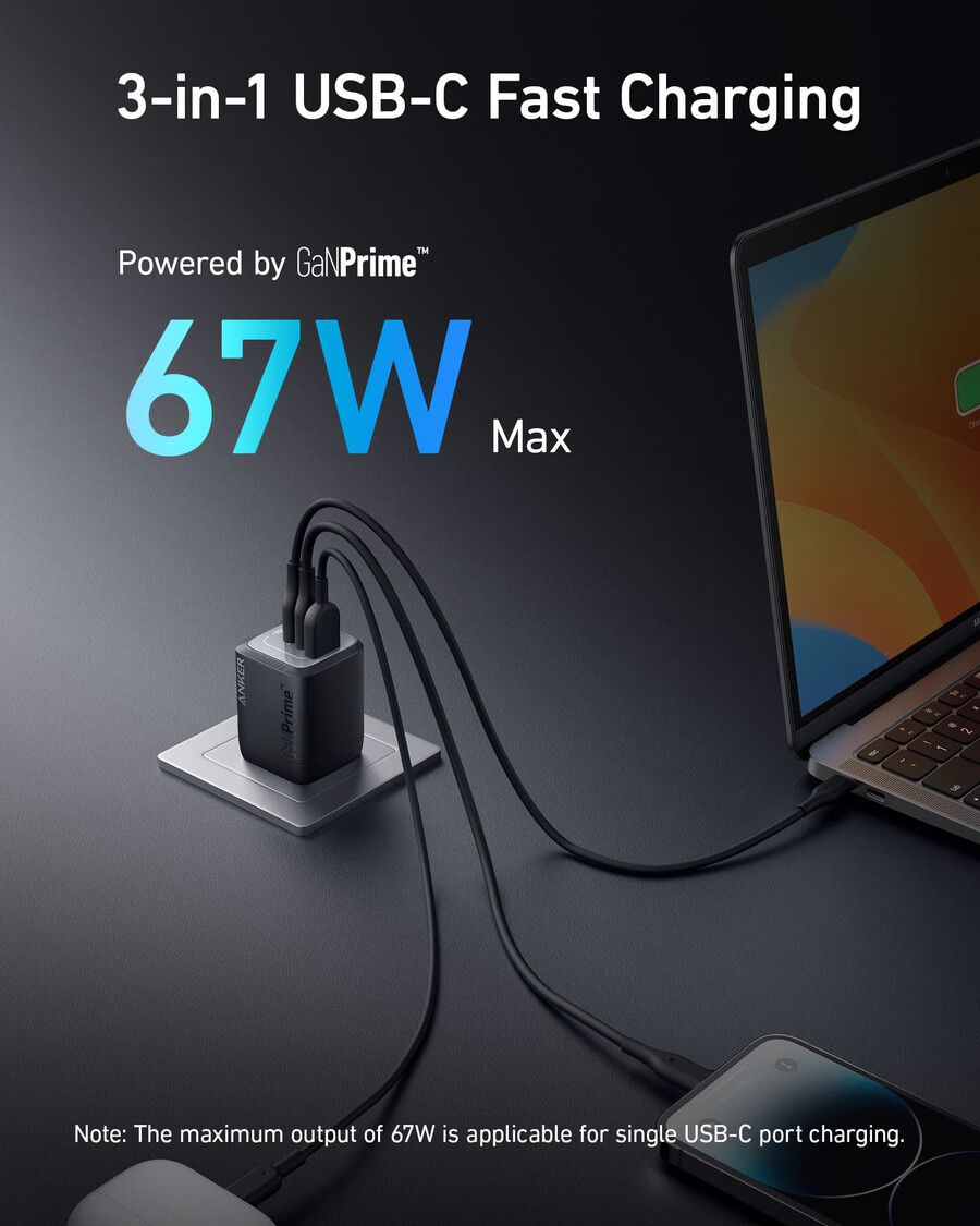 nabíječka anker prime 67w gan do zásuvky 3 porty 2 kusy