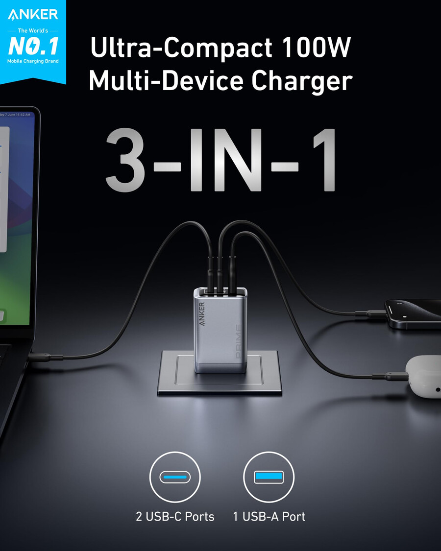 nabíječka anker prime 100 w 3 porty gan a kabel anker usb-c na usb-c 1 m 18 m 240 w opletený z recyklovaných materiálů