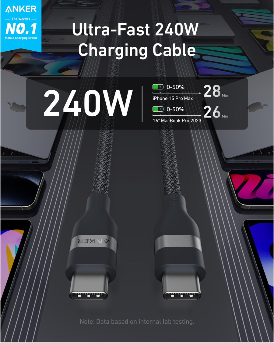 nabíječka anker prime 100 w 3 porty gan a kabel anker usb-c na usb-c 1 m 18 m 240 w opletený z recyklovaných materiálů