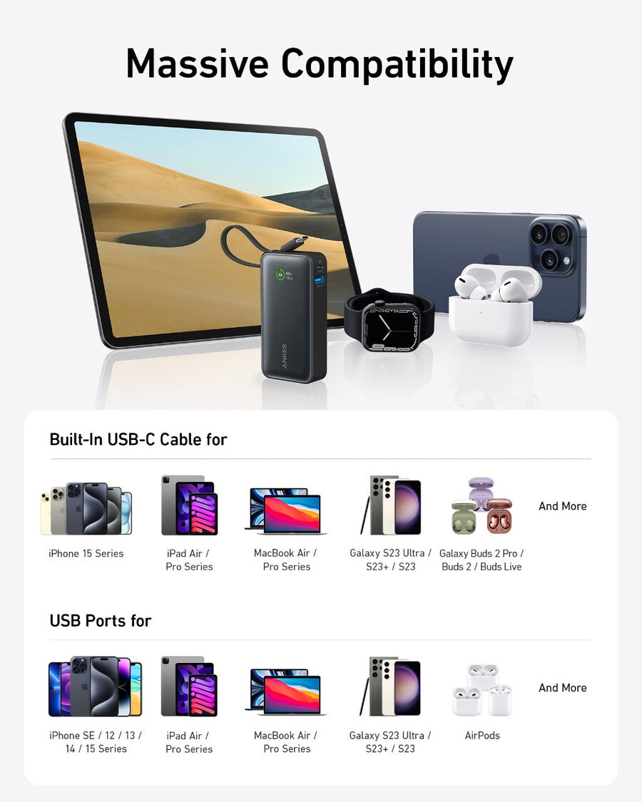 powerbanka anker nano 30w vestavěný kabel usb-c