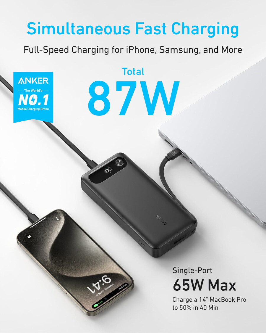 powerbanka anker 20k 87w vestavěný kabel usb-c