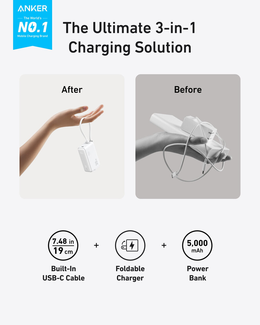 powerbanka anker 30w 5k fusion vestavěný kabel usb-c