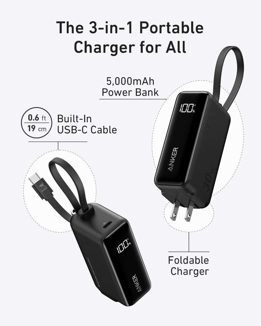 powerbanka anker 30w 5k fusion vestavěný kabel usb-c