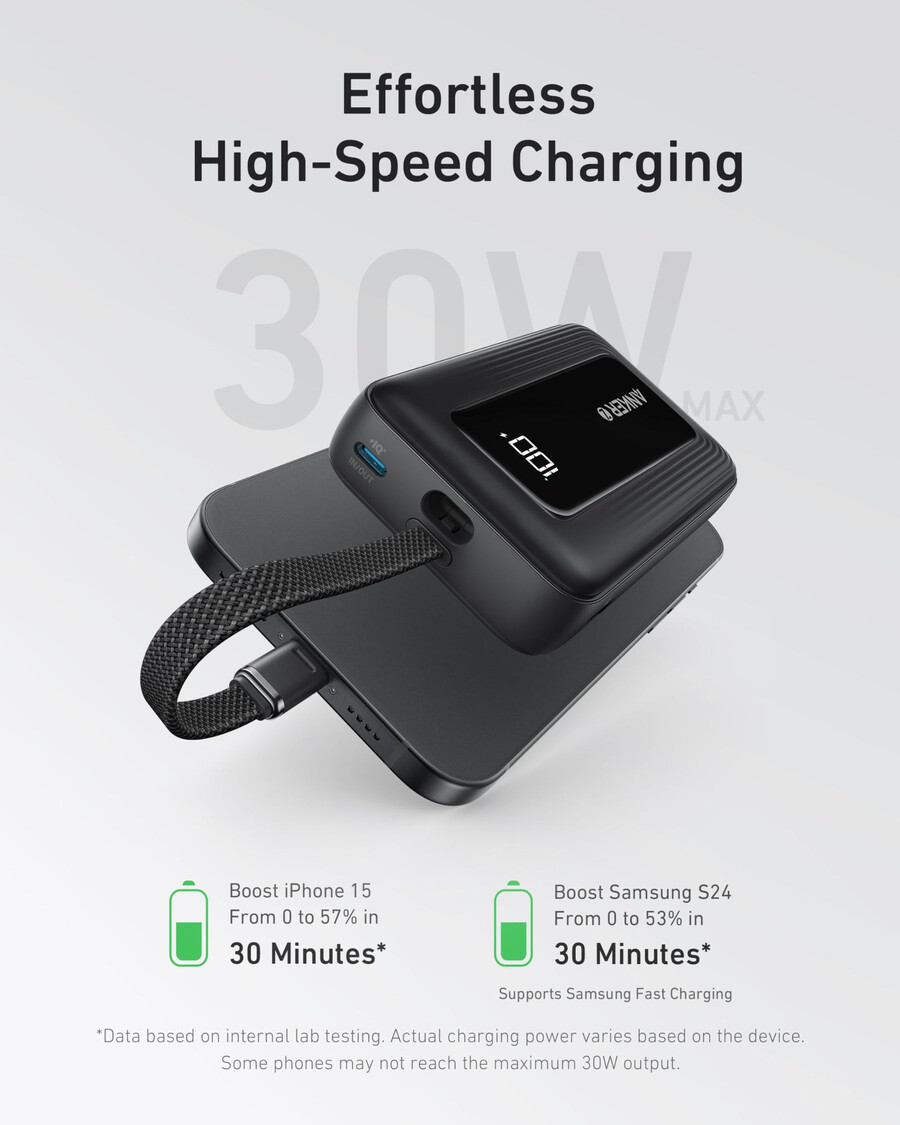 powerbanka anker zolo 10k 30w s vestavěným kabelem usb-c o délce 54 palce 137 cm.