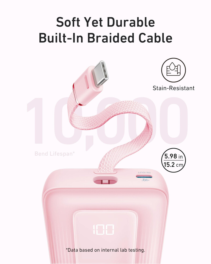 powerbanka anker zolo 10k 30w s vestavěným kabelem usb-c o délce 54 palce 137 cm.