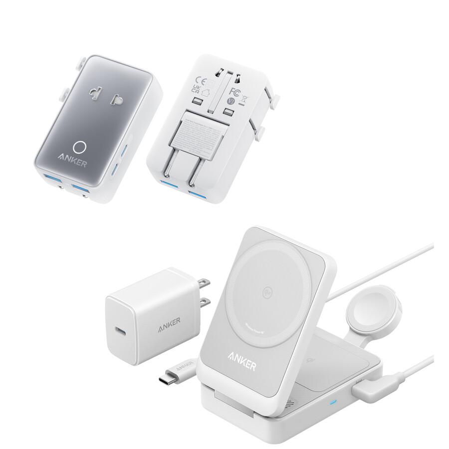 bezdrátová nabíjecí stanice anker maggo skládací 3v1 a cestovní adaptér anker nano 5v1 20w balení po 1 ks